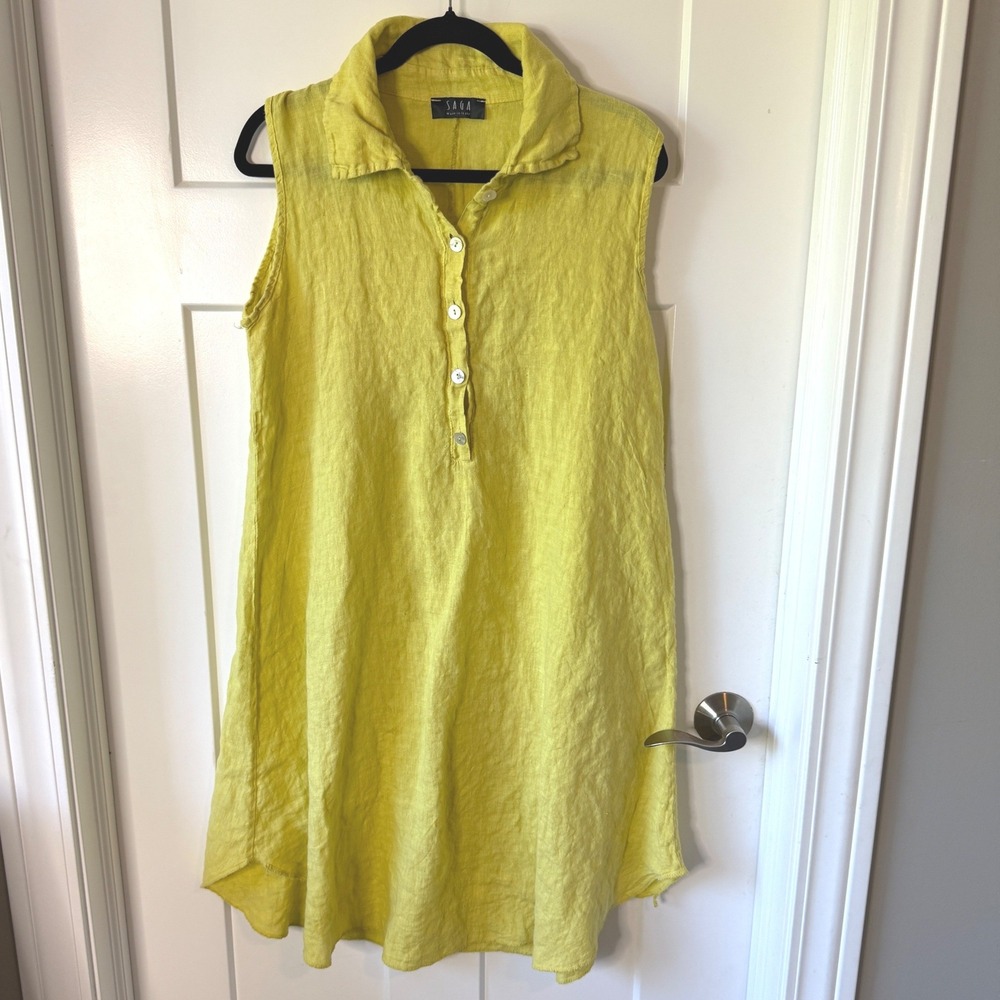 SAGA Made in Italy 100% Women's Sz Large Linen Sleeveless Button Front Dress